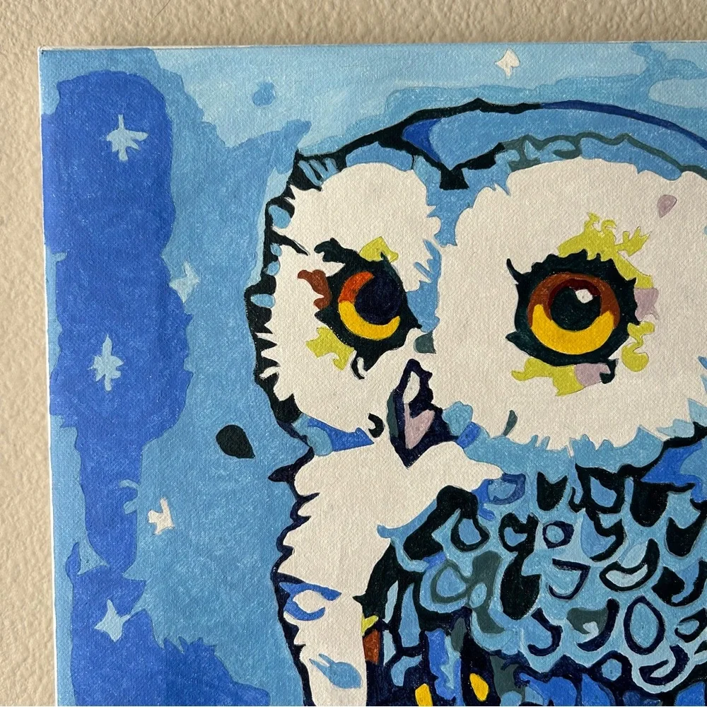 Canvas Oil Painting Blue Owl On Branch Paint by Numbers Stretched Wooden Frame - Picture 3 of 13
